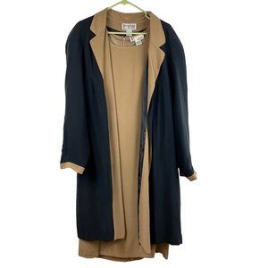 Vintage Silk Women's Coat Dress Tan Black Sheath Dress Open Front Jacket Sz A8